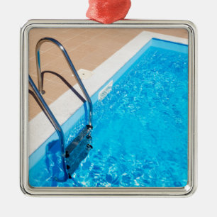 Blue swimming pool with ladder metal tree decoration