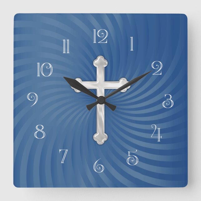 Blue Swirl Background White Pearly Cross Square Wall Clock (Front)