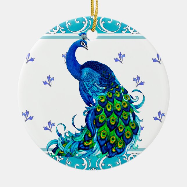 Blue swirl Border and Peacock Design Ceramic Tree Decoration (Front)