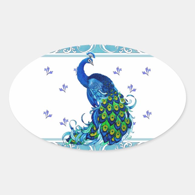 Blue swirl Border and Peacock Design Oval Sticker (Front)