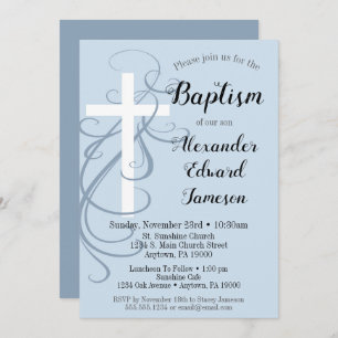 Blue Swirl Cross Baptism Invitation Boy's