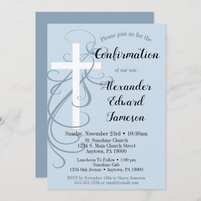 Blue Swirl Cross Confirmation Invitation Boy's (Front/Back)