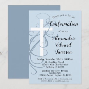 Blue Swirl Cross Confirmation Invitation Boy's