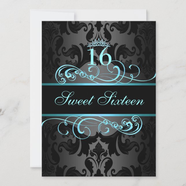 Blue Swirl Damask Sweet16 Birthday Invite (Front)