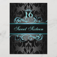 Blue Swirl Damask Sweet16 Birthday Invite