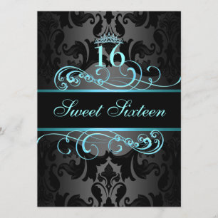 Blue Swirl Damask Sweet16 Birthday Invite