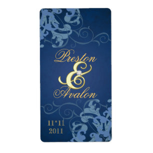 Blue Swirl Gold Jewelled Wedding Wine Label