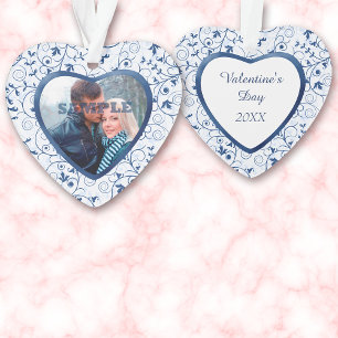 Blue Swirl Heart Valentine Photo Template Ornament