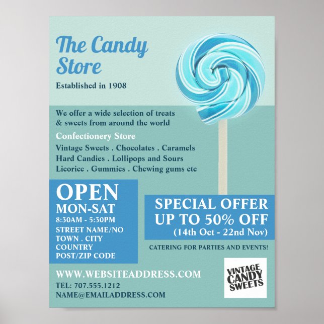 Blue Swirl Lollipop, Confectionery Supplies Advert Poster (Front)