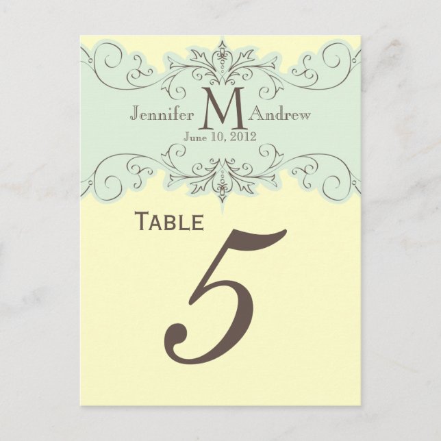 Blue Swirl Monogram Wedding Table Number Cards (Front)