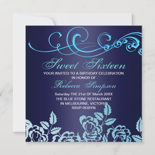 Blue Swirl & Rose Sweet 16 Birthday Invitation (Front)