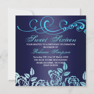 Blue Swirl & Rose Sweet 16 Birthday Invitation