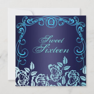Blue Swirl Roses Sweet 16 Birthday Invitation