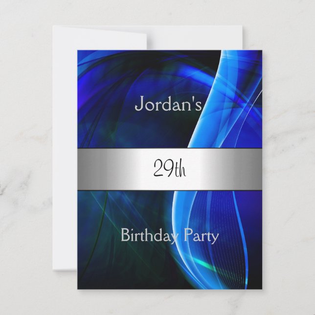 Blue Swirl Silver 29th Birthday Party Invitation (Front)
