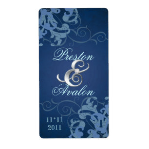 Blue Swirl Silver Jewelled Wedding Wine Label