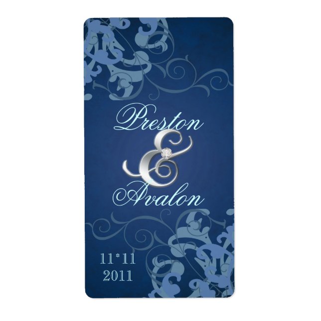 Blue Swirl Silver Jewelled Wedding Wine Label (Front)