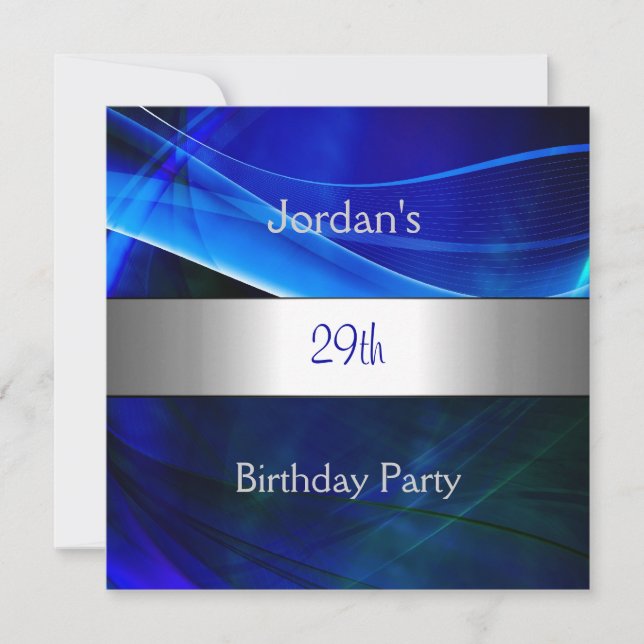 Blue Swirl Silver Trim 29th Birthday Party Invitation (Front)