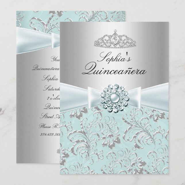 Blue Swirl Tiara Quinceanera Announcements (Front/Back)