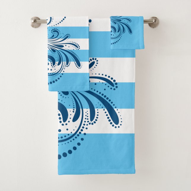 Blue swirl white and blue stripes bath towel set (Insitu)