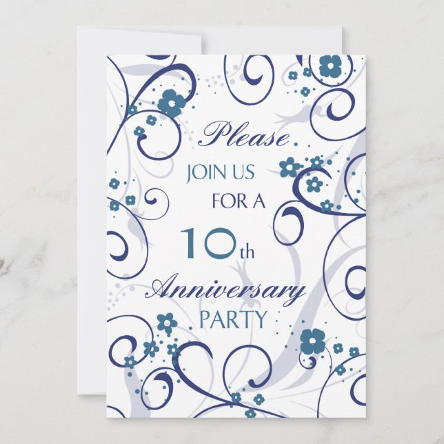 Blue Swirls 10th Anniversary Party Invitation Card (Front)
