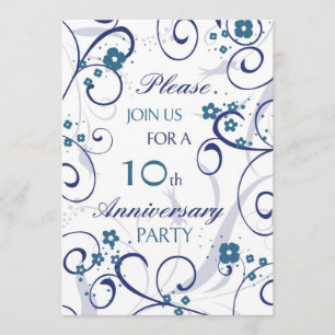 Blue Swirls 10th Anniversary Party Invitation Card