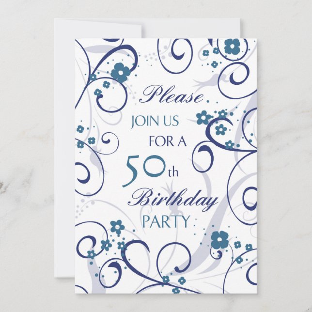 Blue Swirls 50th Birthday Party Invitation Card (Front)