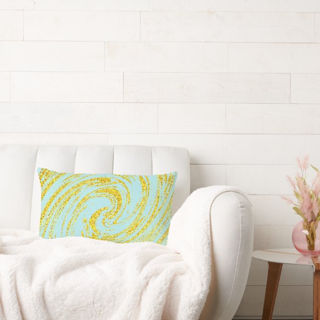 Blue Swirls Abstract Gold Golden Glitter Nautical  Lumbar Cushion (Couch)
