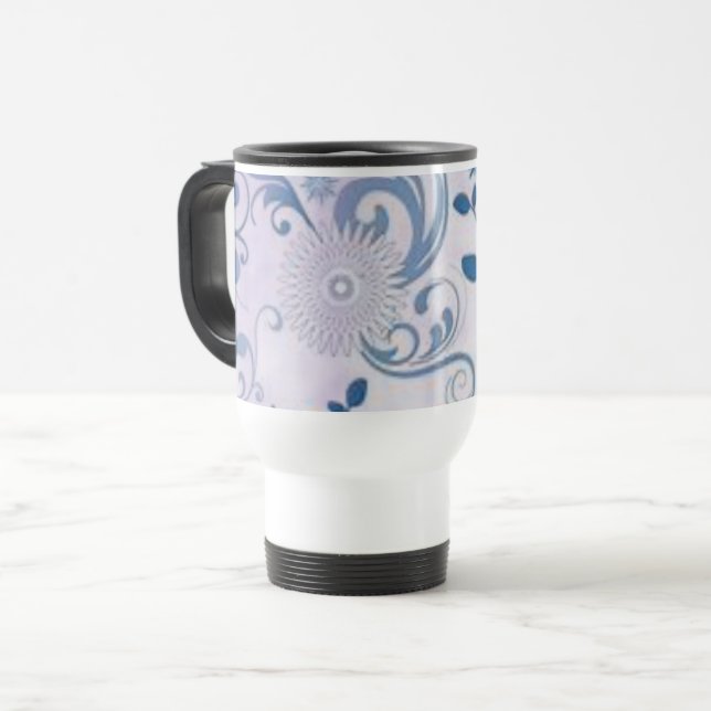 Blue Swirls and Flowers Travel Mug (Front Left)