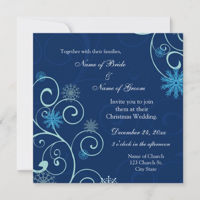 Blue Swirls Christmas Wedding Invitation Cards (Front)