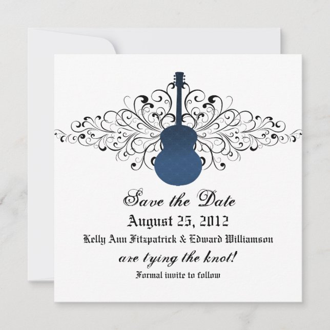 Blue Swirls Guitar Save the Date Invite (Front)