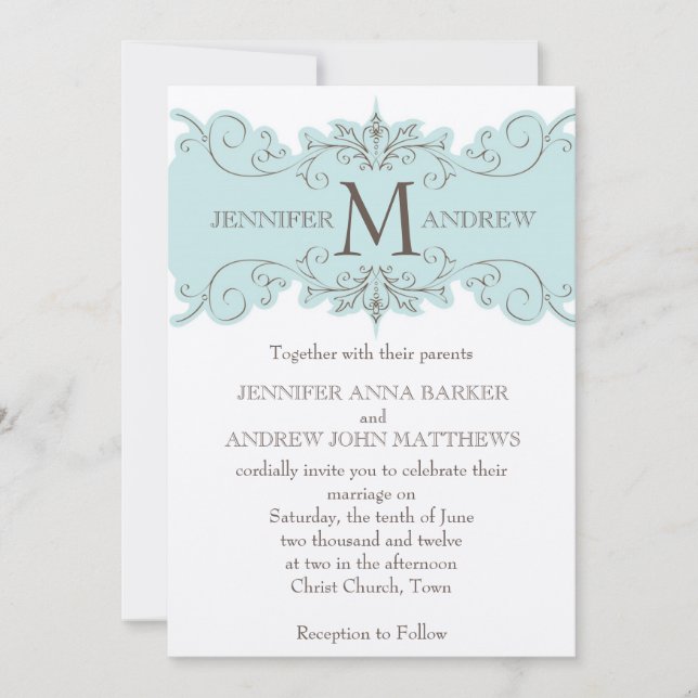 Blue Swirls Monogram Cream Wedding Invitations (Front)
