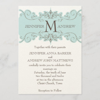 Blue Swirls Monogram Cream Wedding Invitations