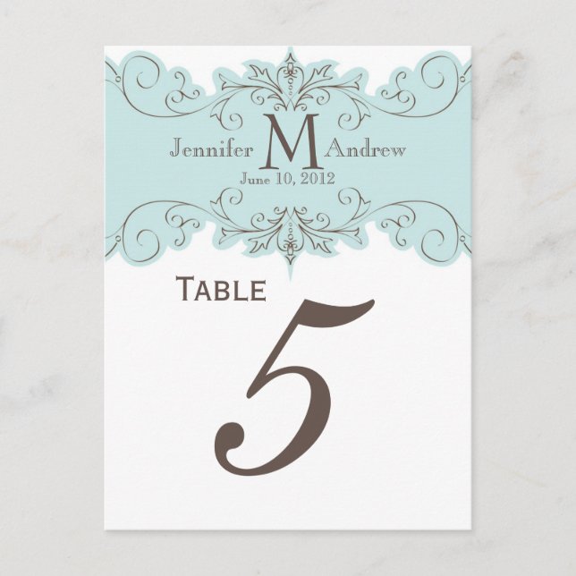 Blue Swirls Monogram Wedding Table Number Cards (Front)