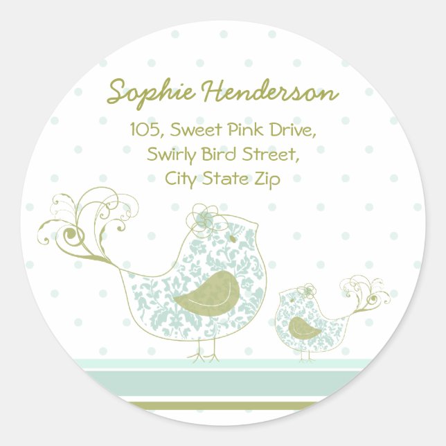 Blue Swirly Mum & Baby Bird Address Label Sticker (Front)