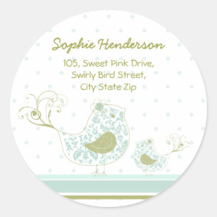 Blue Swirly Mum & Baby Bird Address Label Sticker