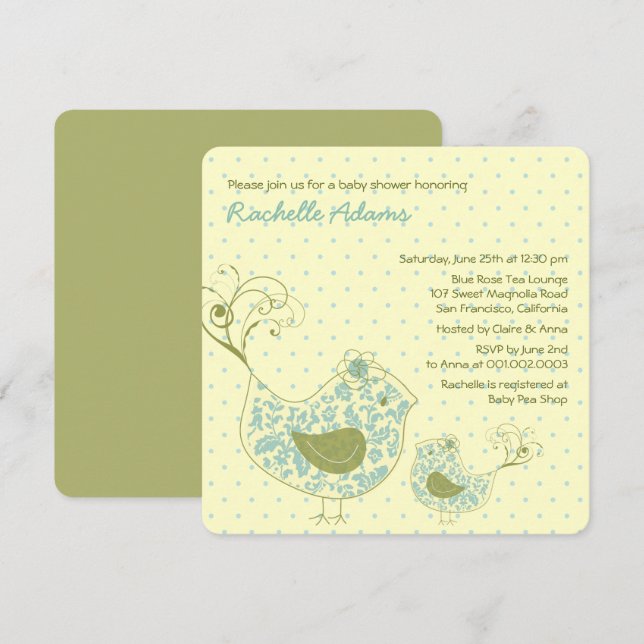 Blue Swirly Mum & Baby Bird Baby Shower Invitation (Front/Back)