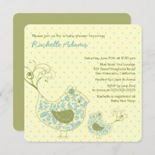 Blue Swirly Mum & Baby Bird Baby Shower Invitation