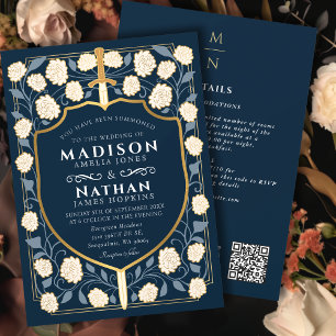 Blue Sword Shield Fantasy Wedding QR Code Invitation