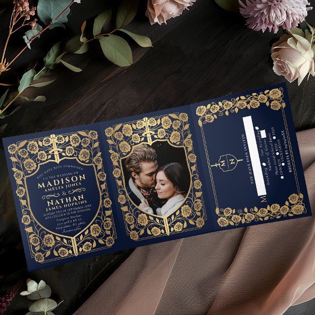 Blue Sword Shield Mediaeval Fantasy Wedding Photo Tri-Fold Invitation (Creator Uploaded)