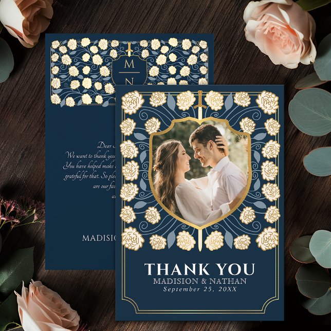Blue Sword & Shield Mediaeval Fantasy Wedding Thank You Card (Creator Uploaded)