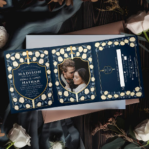 Blue Sword & Shield Mediaeval Fantasy Wedding Tri-Fold Invitation