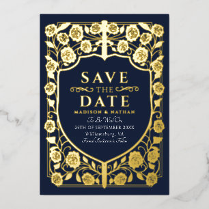 Blue Sword Shield Mediaeval Monogram Save the Date