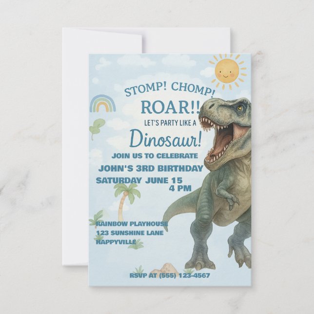 Blue T-Rex Dinosaur Birthday Invite (Front)