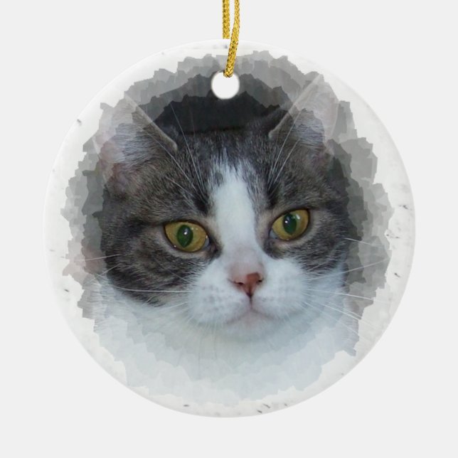 blue tabby and white ceramic tree decoration (Front)