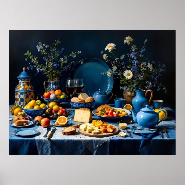 Blue Table Still Life with Fruit, Cheese, and Flow Poster (Front)