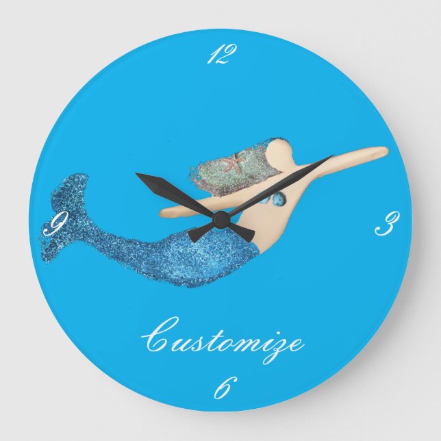 Blue-tail Mermaid Swimming Thunder_Cove Large Clock (Front)