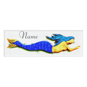 blue-tailed mermaid pointing name tag