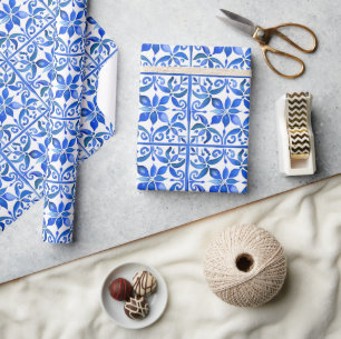 Blue Talavera Azul vintage Mexican Spanish tiles  Wrapping Paper
