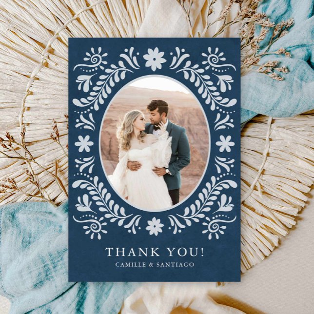 Blue Talavera Mexican Theme Photo Thank you Card (Blue Mexican Talavera Photo Thank you card)
