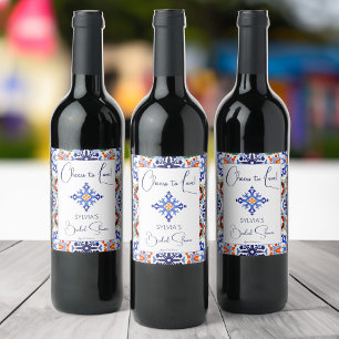 Blue talavera Mexican tiles printed template  Wine Label